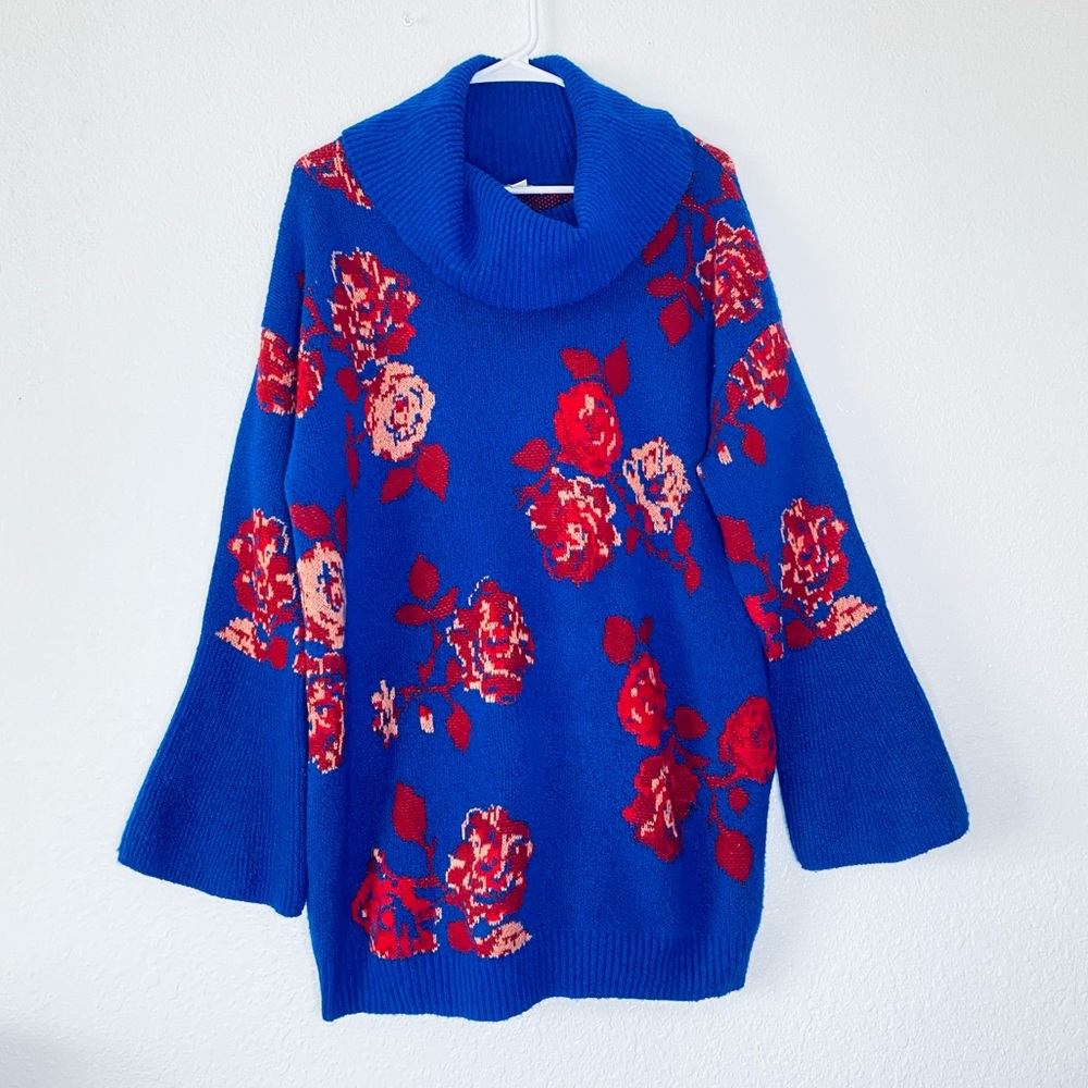 🍓 The Pioneer Woman Cowlneck Floral Rose Jacquard Blue Chunky Knit Sweater Large